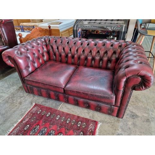 76 - 2 Seater Chesterfield Sofa, Red Oxblood Leather with Button Back, Studded Scroll Arms and Back Rest