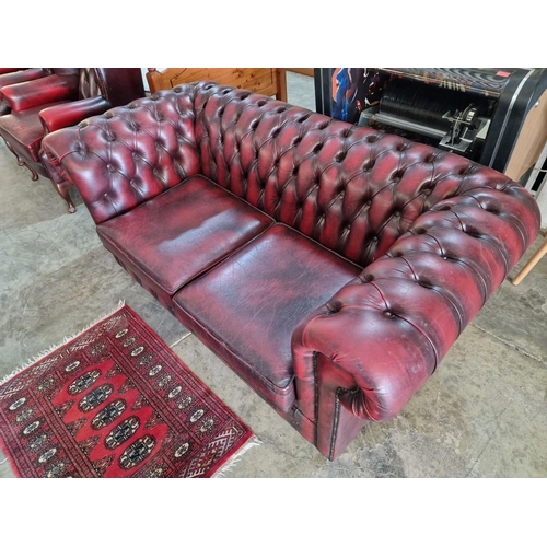 76 - 2 Seater Chesterfield Sofa, Red Oxblood Leather with Button Back, Studded Scroll Arms and Back Rest