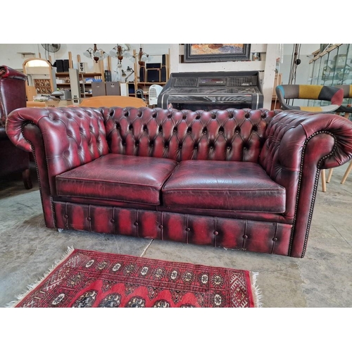 76 - 2 Seater Chesterfield Sofa, Red Oxblood Leather with Button Back, Studded Scroll Arms and Back Rest