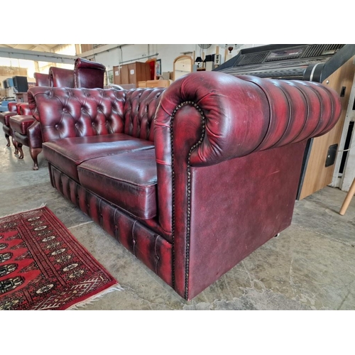 76 - 2 Seater Chesterfield Sofa, Red Oxblood Leather with Button Back, Studded Scroll Arms and Back Rest