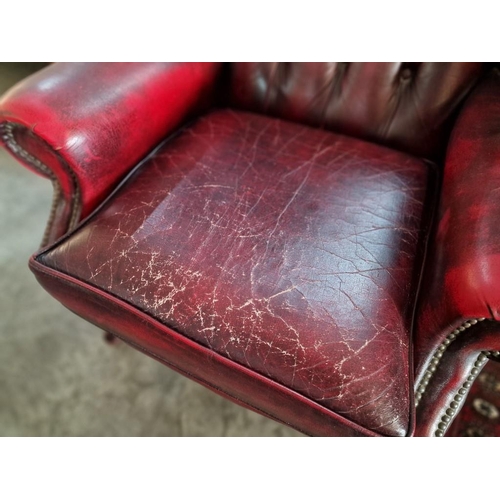 77 - Queen Anne Chesterfield Wing Back Armchair, Red Oxblood Leather, Studded Button Back, (some signs of... 