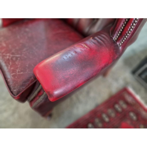 77 - Queen Anne Chesterfield Wing Back Armchair, Red Oxblood Leather, Studded Button Back, (some signs of... 