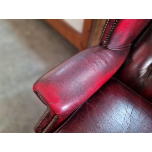 77 - Queen Anne Chesterfield Wing Back Armchair, Red Oxblood Leather, Studded Button Back, (some signs of... 