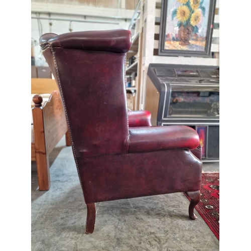 77 - Queen Anne Chesterfield Wing Back Armchair, Red Oxblood Leather, Studded Button Back, (some signs of... 