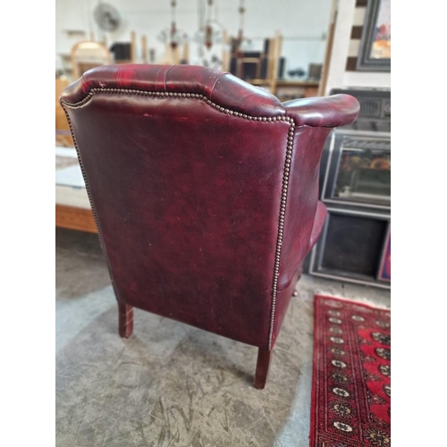 77 - Queen Anne Chesterfield Wing Back Armchair, Red Oxblood Leather, Studded Button Back, (some signs of... 