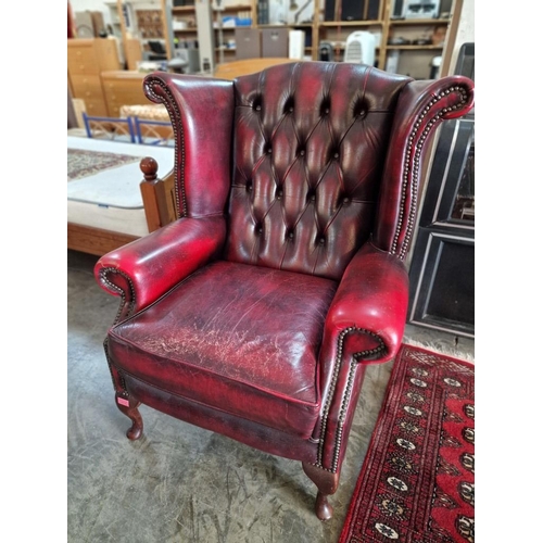 78 - Queen Anne Chesterfield Wing Back Armchair, Red Oxblood Leather, Studded Button Back, (some signs of... 