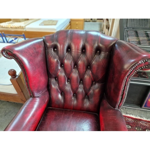 78 - Queen Anne Chesterfield Wing Back Armchair, Red Oxblood Leather, Studded Button Back, (some signs of... 