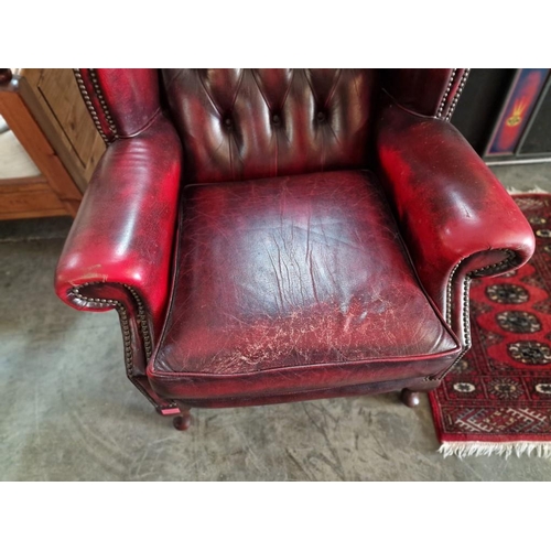 78 - Queen Anne Chesterfield Wing Back Armchair, Red Oxblood Leather, Studded Button Back, (some signs of... 