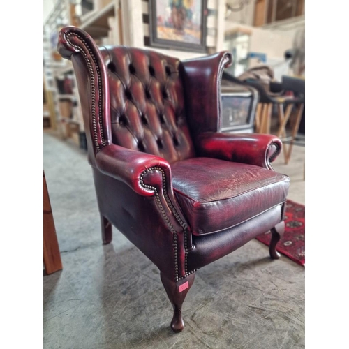 78 - Queen Anne Chesterfield Wing Back Armchair, Red Oxblood Leather, Studded Button Back, (some signs of... 