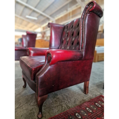 78 - Queen Anne Chesterfield Wing Back Armchair, Red Oxblood Leather, Studded Button Back, (some signs of... 