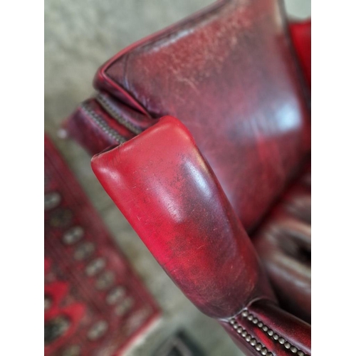 78 - Queen Anne Chesterfield Wing Back Armchair, Red Oxblood Leather, Studded Button Back, (some signs of... 