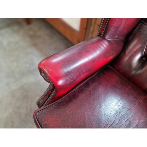 78 - Queen Anne Chesterfield Wing Back Armchair, Red Oxblood Leather, Studded Button Back, (some signs of... 