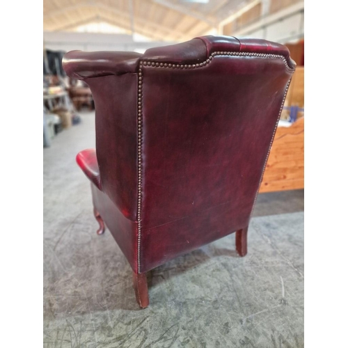 78 - Queen Anne Chesterfield Wing Back Armchair, Red Oxblood Leather, Studded Button Back, (some signs of... 