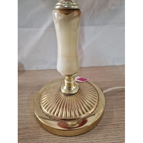 849 - Decorative Onyx and Brass Effect Table / Side Lamp with Red Shade, Together with Onyx Candle Holder,... 