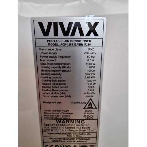 115A - 'Vivax' 12,000 btu Portable Air Conditioner, (Model: ACP-12PT35AEHs R290), with Wall Pipe and Window... 