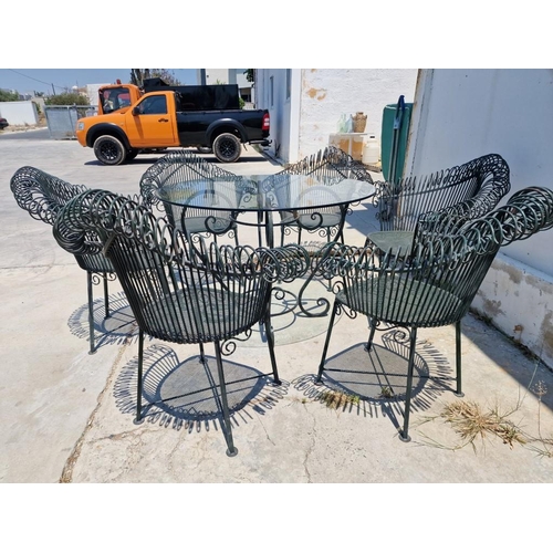 2 - Superb Decorative Wrought Iron Garden Table with Round Glass Top, (Approx. Ø: 105cm), Together with ... 