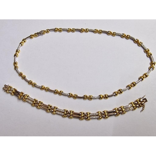 450A - Elegant Two-Tone 18ct Gold & Diamond Necklace with Matching Bracelet Set; Gently Curving Bars of Whi... 