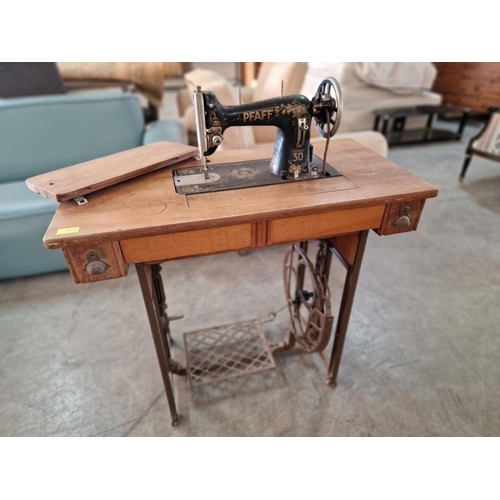 185 - Antique Pfaff Cast Iron Treadle Sewing Machine, No. 30, with Foot Pedal, 2-Drawers and Tin of Access... 