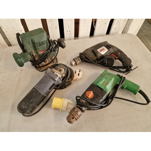 470 - Collection of Power Tools; Bosch Router, Skil 500 Watt Drill, Hitachi D13T Drill (110v) and Angle Gr... 