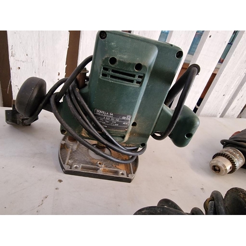 470 - Collection of Power Tools; Bosch Router, Skil 500 Watt Drill, Hitachi D13T Drill (110v) and Angle Gr... 