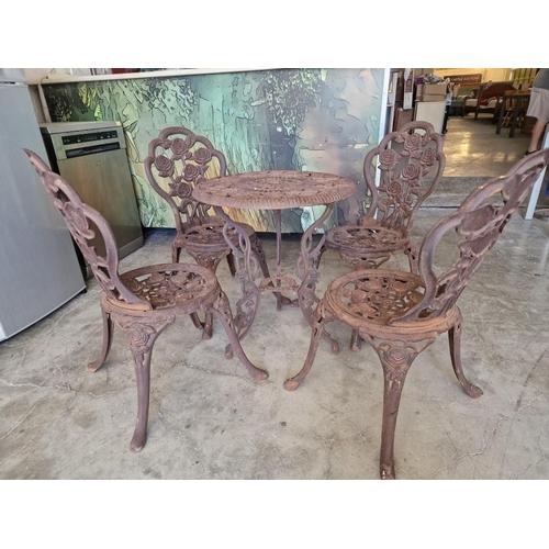 100 - Cast Iron Garden / Patio Set; Round Table and Set of 4 x Chairs with Floral Pattern, (Approx. Ø: 57c... 