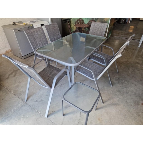 101 - Grey Finish Aluminum & Glass Garden Table (Approx. 150 x 91cm), Together with Set of 6 x Matching Ar... 