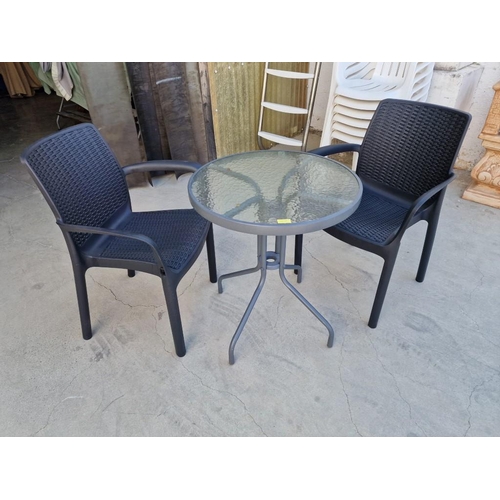 102 - Round Aluminum and Glass Top Garden / Patio Table, (Approx. Ø: 60cm), Together with Pair of Dark Bro... 