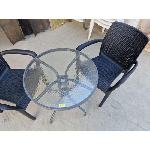 102 - Round Aluminum and Glass Top Garden / Patio Table, (Approx. Ø: 60cm), Together with Pair of Dark Bro... 