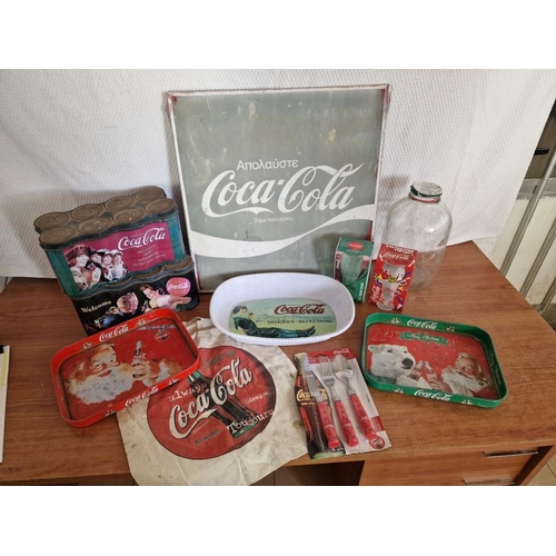 11 - Large Collection of Coca Cola Items; Glass Jar, Trays, Metal Advertising Sign, Cloth Bag, Tins, Glas... 