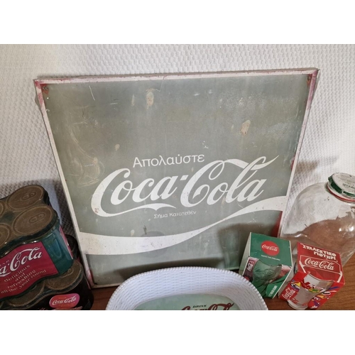 11 - Large Collection of Coca Cola Items; Glass Jar, Trays, Metal Advertising Sign, Cloth Bag, Tins, Glas... 