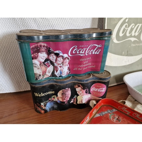 11 - Large Collection of Coca Cola Items; Glass Jar, Trays, Metal Advertising Sign, Cloth Bag, Tins, Glas... 