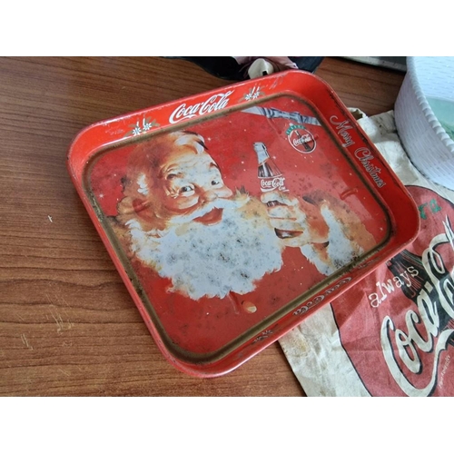 11 - Large Collection of Coca Cola Items; Glass Jar, Trays, Metal Advertising Sign, Cloth Bag, Tins, Glas... 