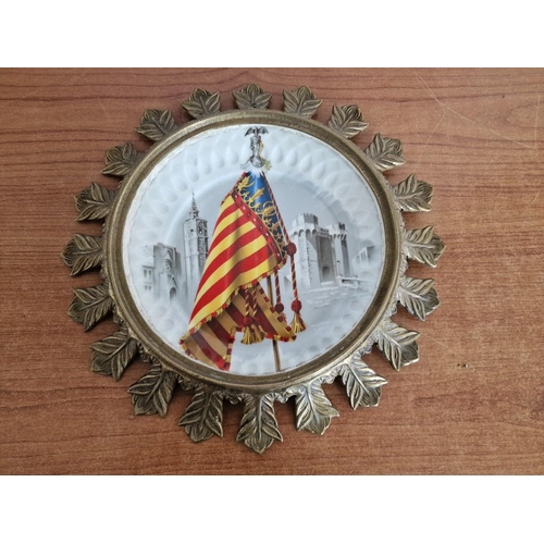 37 - Vintage Spanish Porcelain Plate with Catalan Flag and Images of Barcelona, in Decorative Metal Wall ... 