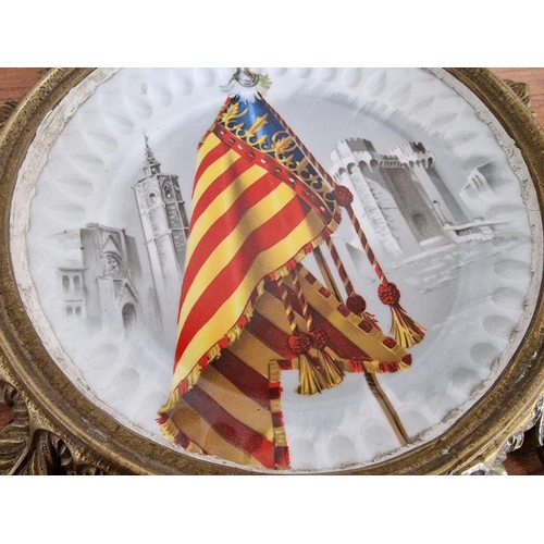 37 - Vintage Spanish Porcelain Plate with Catalan Flag and Images of Barcelona, in Decorative Metal Wall ... 