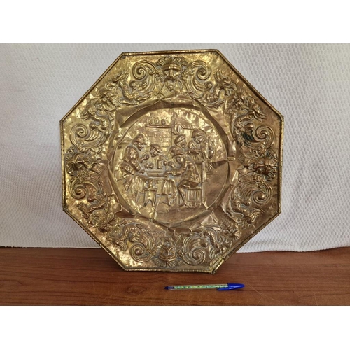 39 - Vintage Brass Octagonal Shape Wall Relief with Bar Scene and Green Man, (Approx. Ø: 39cm)