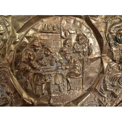 39 - Vintage Brass Octagonal Shape Wall Relief with Bar Scene and Green Man, (Approx. Ø: 39cm)