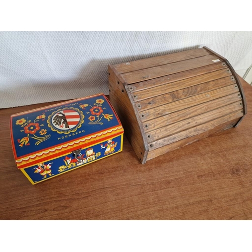 41 - Vintage Wooden Bread Bin and Decorative German 'Nurnberg' Tin, (2)