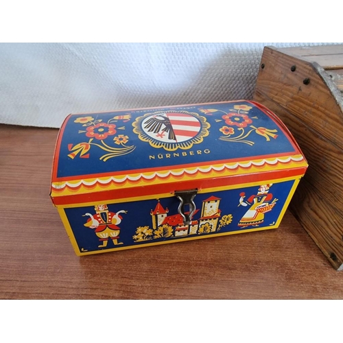 41 - Vintage Wooden Bread Bin and Decorative German 'Nurnberg' Tin, (2)