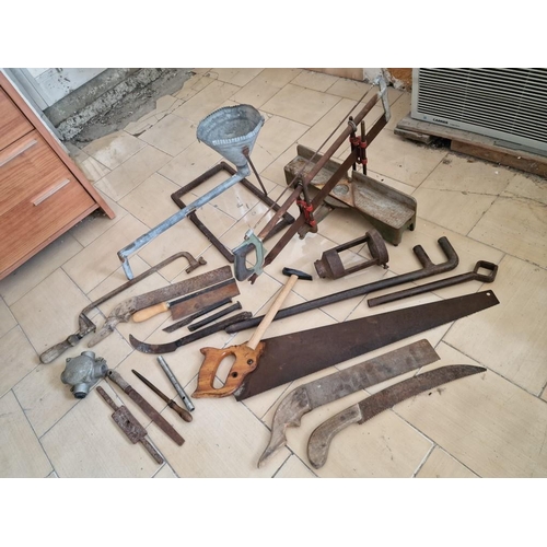 42 - Collection of Vintage Tools; Various Saws, Files, Hammer, Galvanised Strainer & Pipe on Stand, 'Ulmi... 