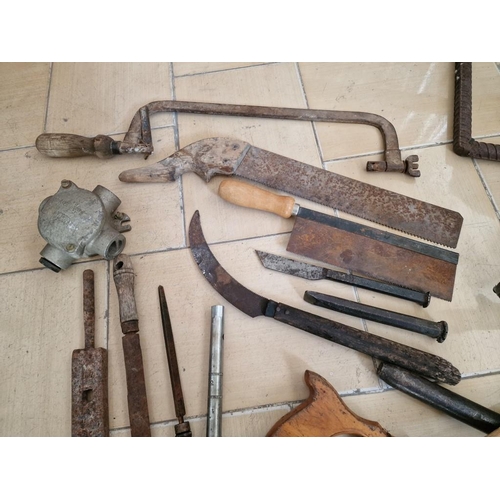 42 - Collection of Vintage Tools; Various Saws, Files, Hammer, Galvanised Strainer & Pipe on Stand, 'Ulmi... 