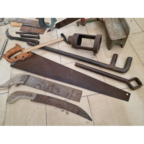 42 - Collection of Vintage Tools; Various Saws, Files, Hammer, Galvanised Strainer & Pipe on Stand, 'Ulmi... 