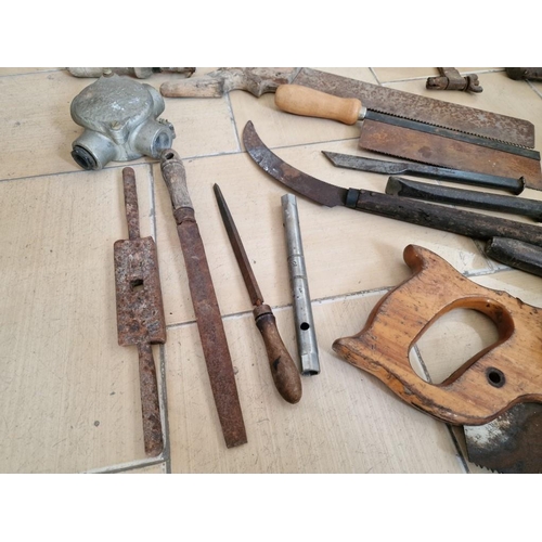 42 - Collection of Vintage Tools; Various Saws, Files, Hammer, Galvanised Strainer & Pipe on Stand, 'Ulmi... 