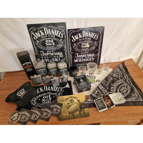 9 - Large Collection of Assorted Jack Daniel's Items; Metal Advertising Signs, 4 x Hip Flasks, Empty Bot... 