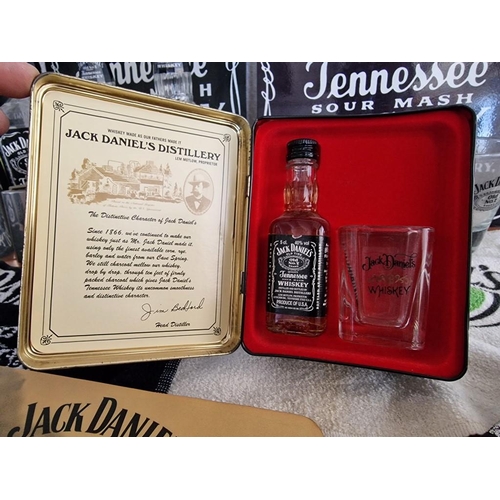 9 - Large Collection of Assorted Jack Daniel's Items; Metal Advertising Signs, 4 x Hip Flasks, Empty Bot... 