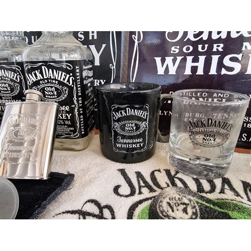 9 - Large Collection of Assorted Jack Daniel's Items; Metal Advertising Signs, 4 x Hip Flasks, Empty Bot... 