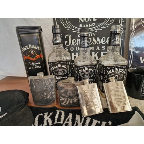 9 - Large Collection of Assorted Jack Daniel's Items; Metal Advertising Signs, 4 x Hip Flasks, Empty Bot... 