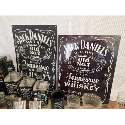 9 - Large Collection of Assorted Jack Daniel's Items; Metal Advertising Signs, 4 x Hip Flasks, Empty Bot... 