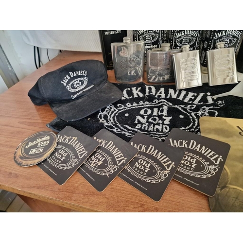 9 - Large Collection of Assorted Jack Daniel's Items; Metal Advertising Signs, 4 x Hip Flasks, Empty Bot... 