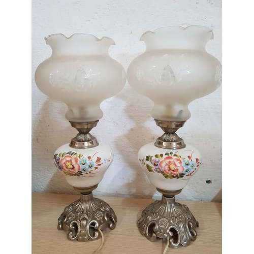 10 - Pair of Retro Hurricane Style Matching Table Lamps with Floral Glass Shade, Ornate White Metal and H... 