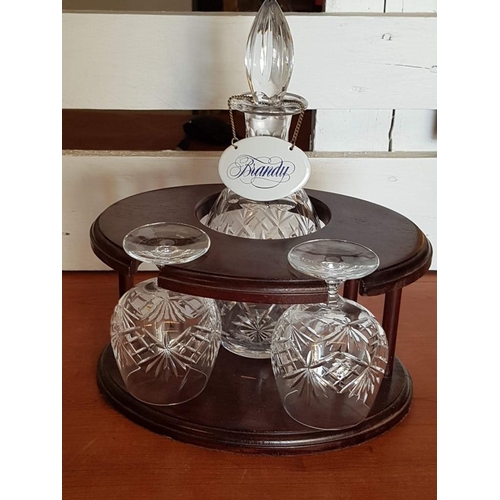 105 - Napoleon Stand with Cut Crystal Brandy Decanter, 2 x Brandy Glasses and Metal 'Brandy' Decanter Labe... 